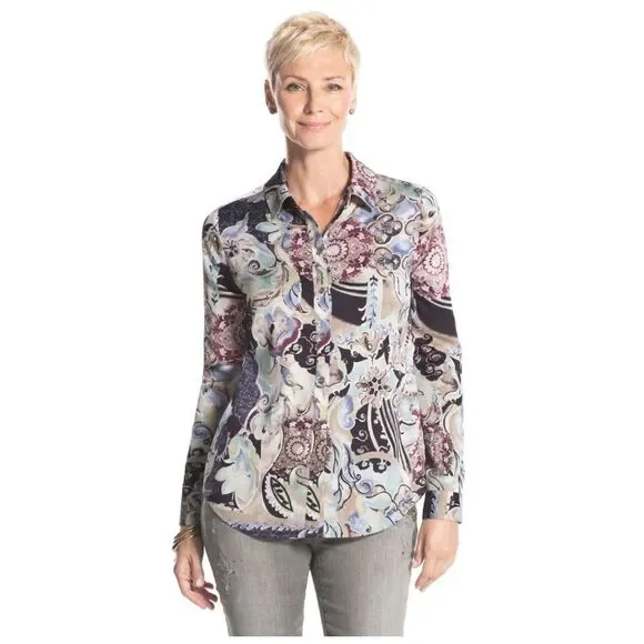 Chicos Mystic Mix Geneva BoHo Silky Shirt Blouse Button Down Paisley Size Small - Picture 1 of 9
